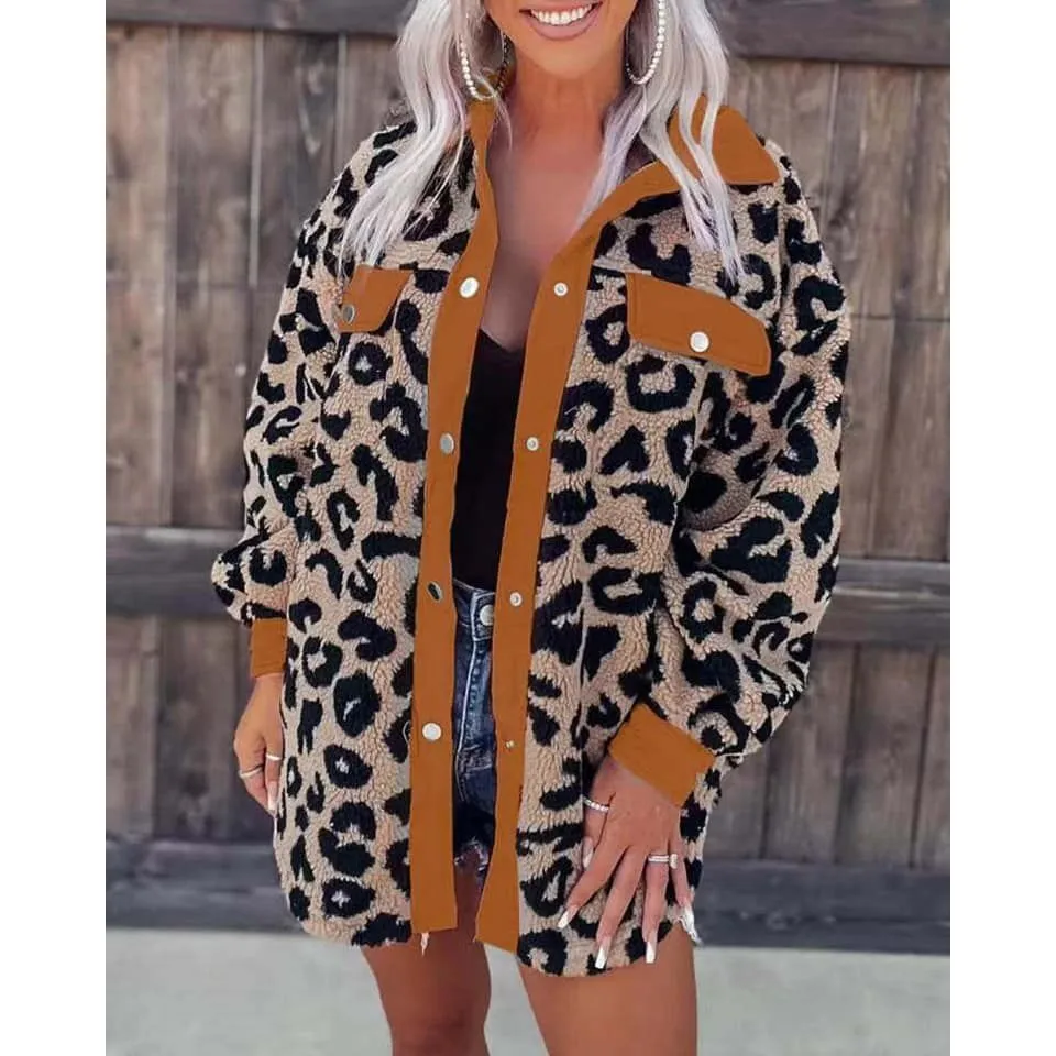 Fleece Leopard Shackets with Front Pockets.