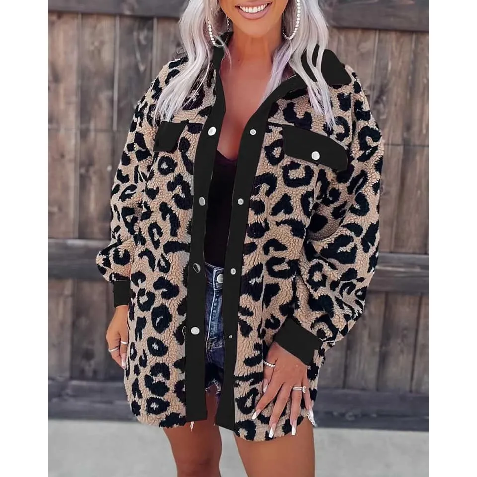 Fleece Leopard Shackets with Front Pockets.