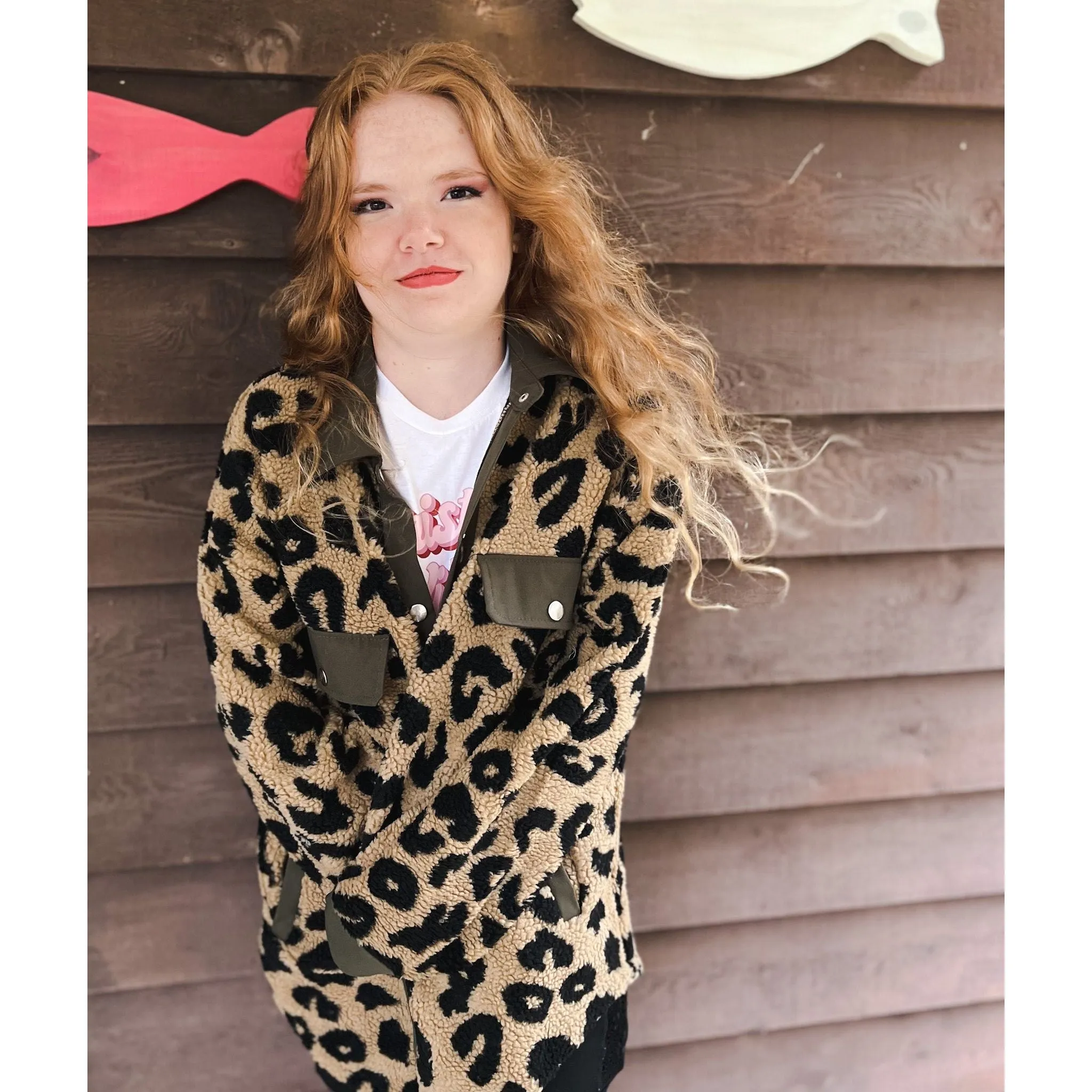 Fleece Leopard Shackets with Front Pockets.
