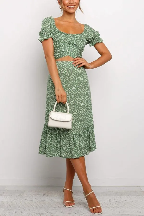 Floral Print Square Neck Puff Sleeve Dress Set