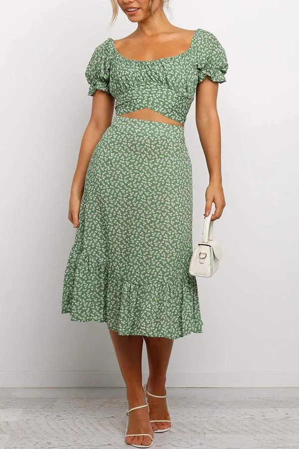Floral Print Square Neck Puff Sleeve Dress Set