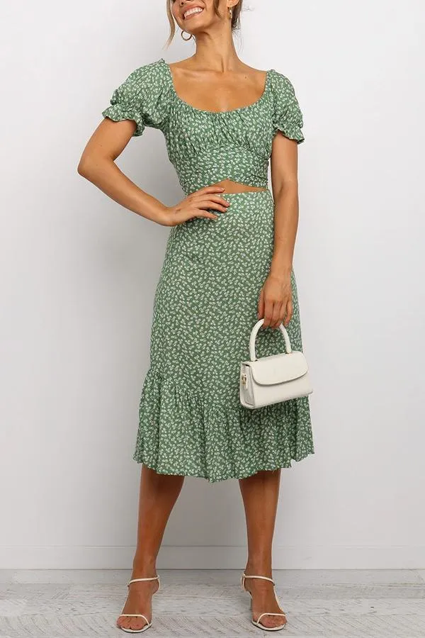 Floral Print Square Neck Puff Sleeve Dress Set