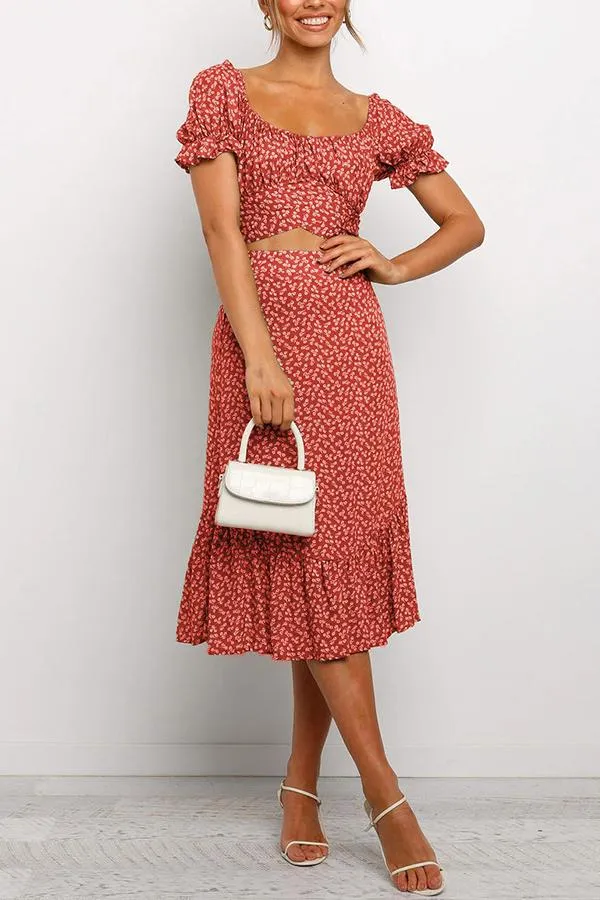 Floral Print Square Neck Puff Sleeve Dress Set