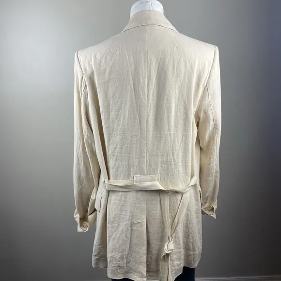 Free People Cream Ivory Size Medium Linen Blend Boho Classic Tie Front Blazer