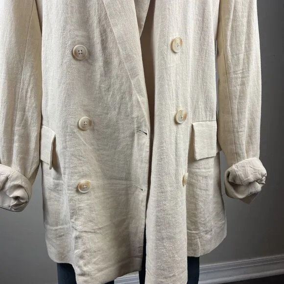 Free People Cream Ivory Size Medium Linen Blend Boho Classic Tie Front Blazer
