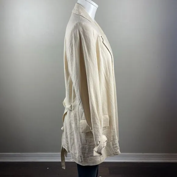 Free People Cream Ivory Size Medium Linen Blend Boho Classic Tie Front Blazer
