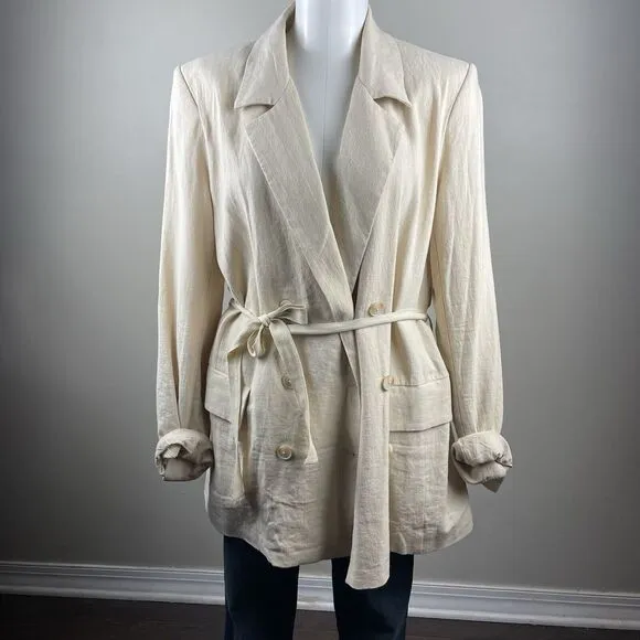 Free People Cream Ivory Size Medium Linen Blend Boho Classic Tie Front Blazer
