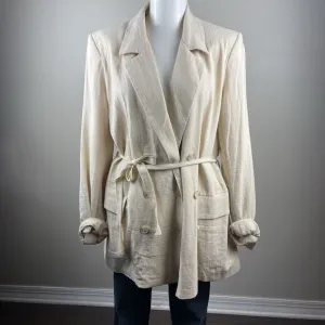 Free People Cream Ivory Size Medium Linen Blend Boho Classic Tie Front Blazer