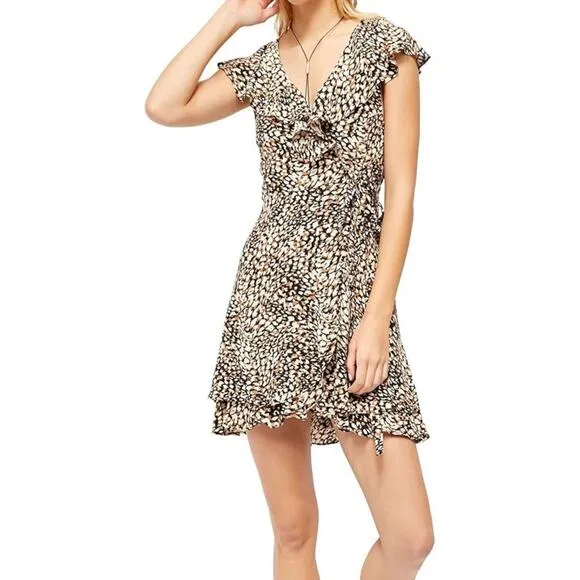 Free People French Quarter Ruffle Wrap Dress Women's Size Medium Brown Black