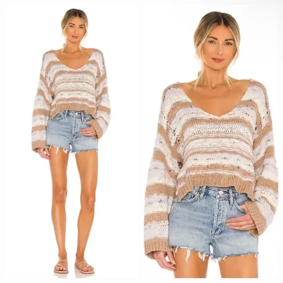 Free People Lake Life Pullover Open Knit Cropped Sweater in Sunset Sand Size XS