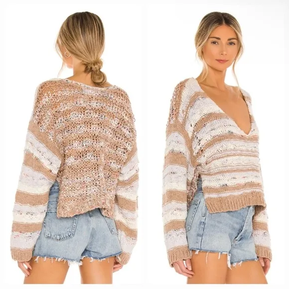 Free People Lake Life Pullover Open Knit Cropped Sweater in Sunset Sand Size XS