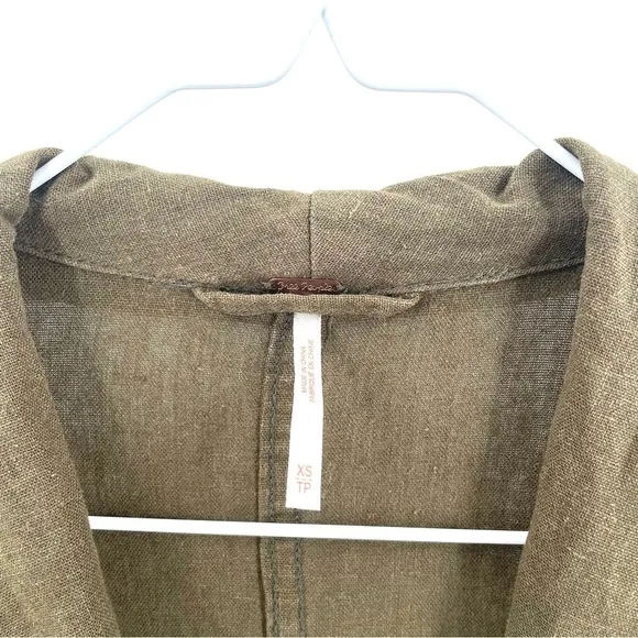 Free People Linen Olive Green Military Single Button Pocket Blazer Jacket