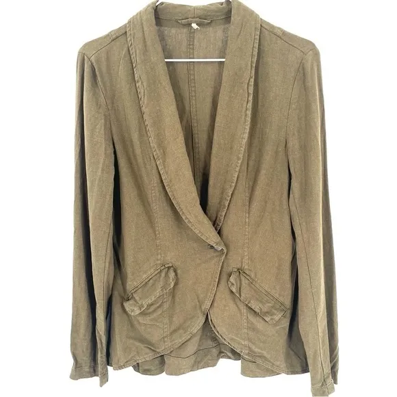 Free People Linen Olive Green Military Single Button Pocket Blazer Jacket