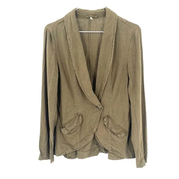 Free People Linen Olive Green Military Single Button Pocket Blazer Jacket