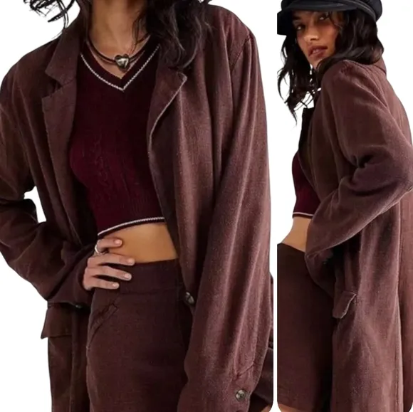Free People Misha Linen Blend Oversized Chocolate Lava Blazer Jacket Size 6