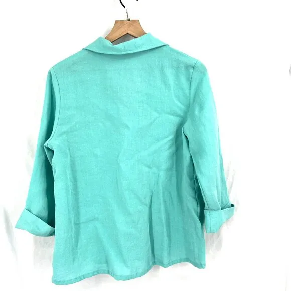 Fridaze Lagenlook linen single button blazer jacket tiffany turquoise blue top M