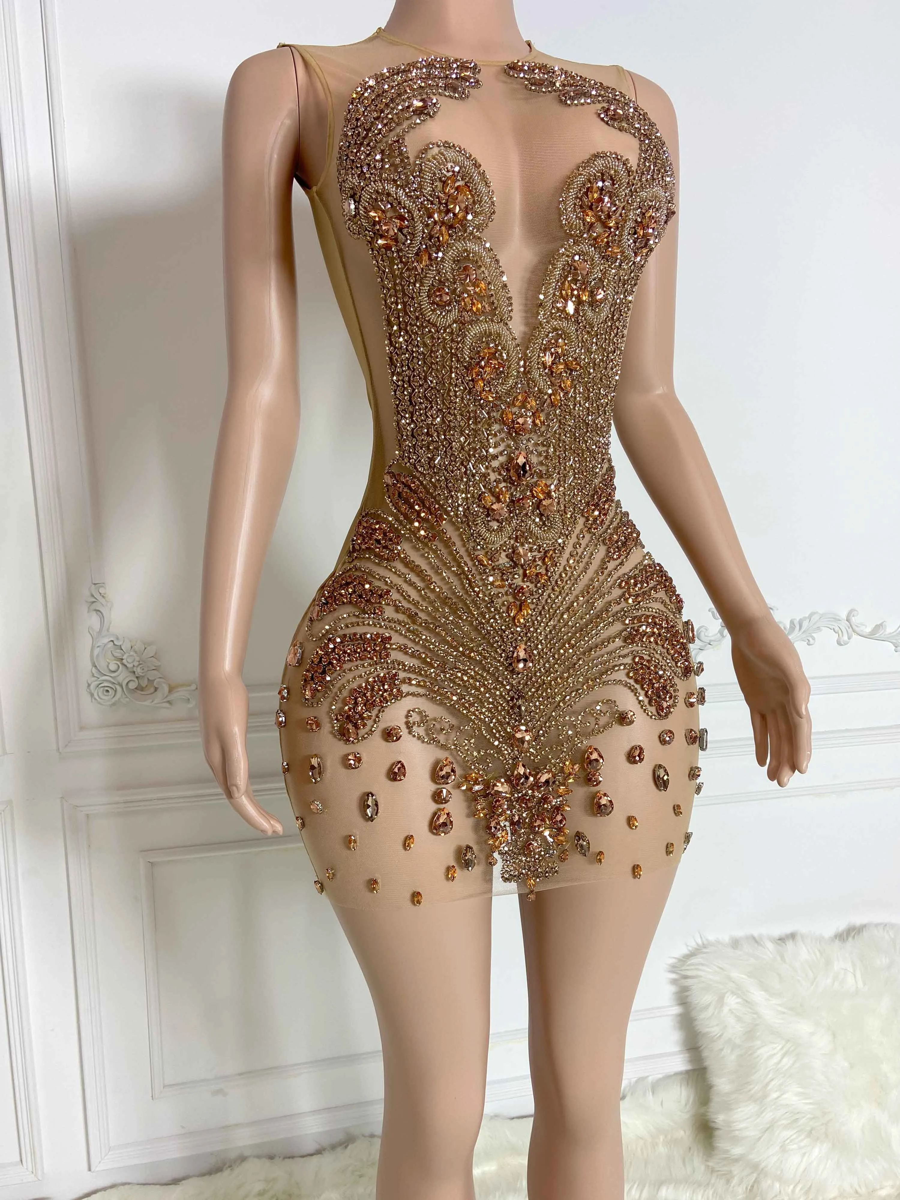 Gold Wrap and Rhinestone Sleeveless Mini Dress