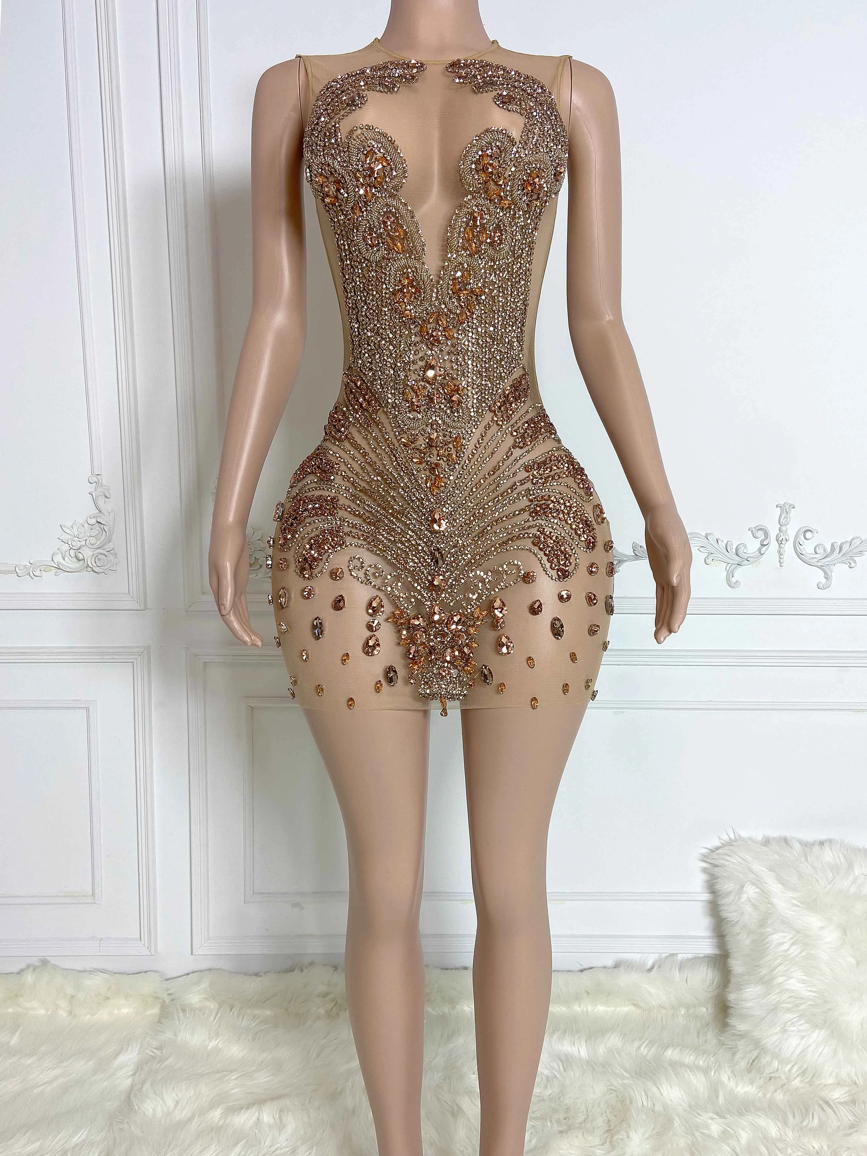 Gold Wrap and Rhinestone Sleeveless Mini Dress