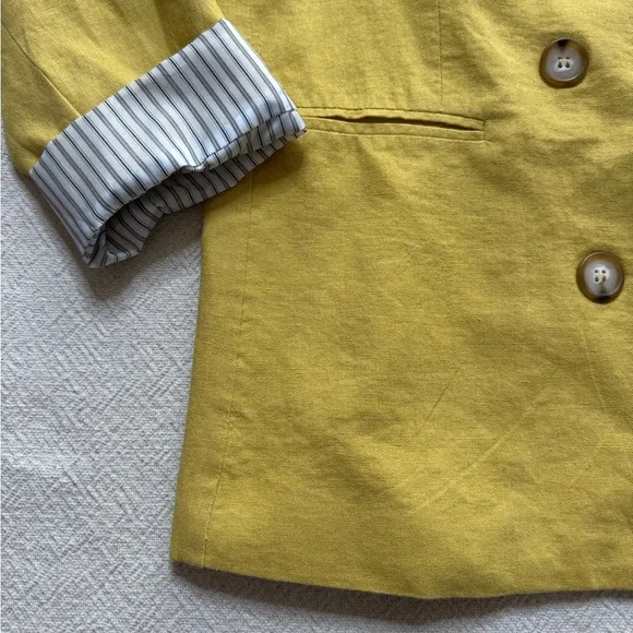 Halston Linen Mustard Yellow Double Breasted Open Front Blazer S