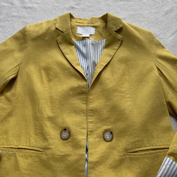 Halston Linen Mustard Yellow Double Breasted Open Front Blazer S