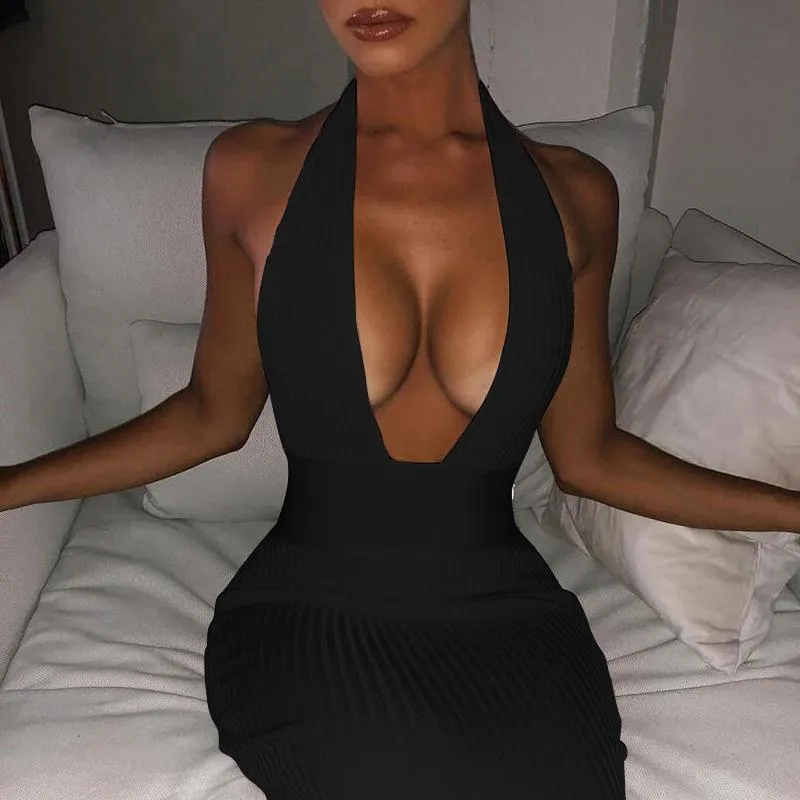 Halter necked V neck Halter Tight fitting Openwork Dress