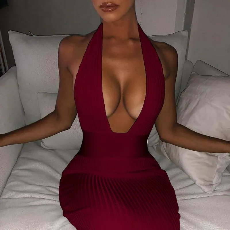 Halter necked V neck Halter Tight fitting Openwork Dress