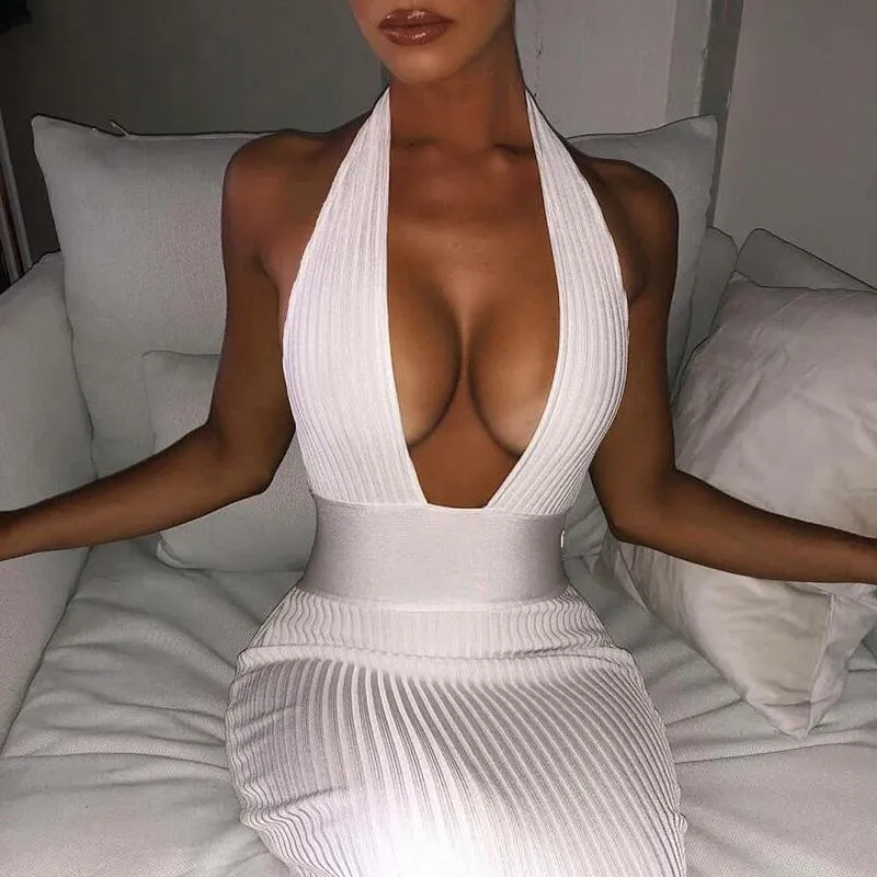 Halter necked V neck Halter Tight fitting Openwork Dress