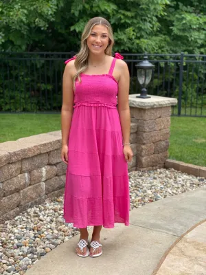 Hot Pink Tiered Midi Dress