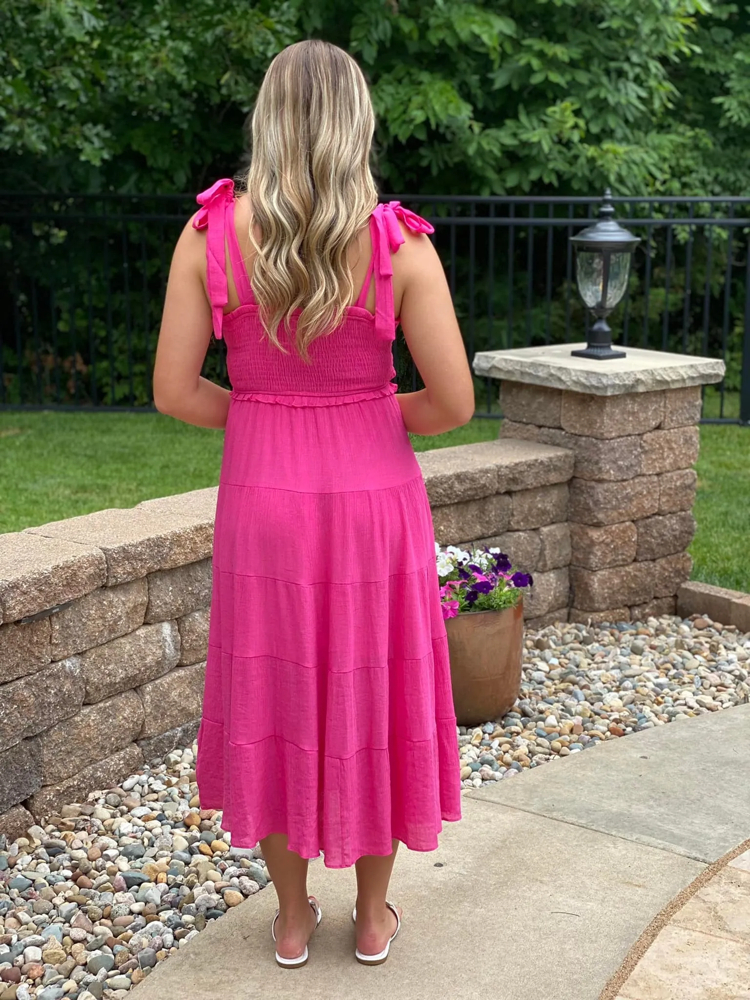 Hot Pink Tiered Midi Dress