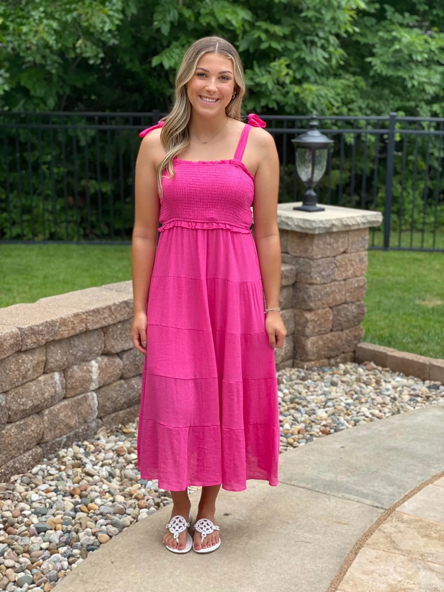 Hot Pink Tiered Midi Dress