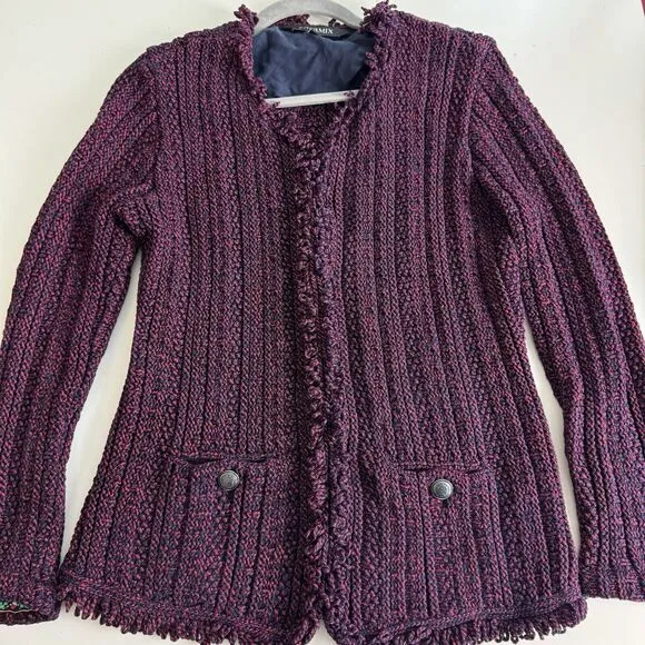 INTERMIX Ikaterina Two Tone Knit Cardi Sweater Jacket Red Fringe Trim Size 6