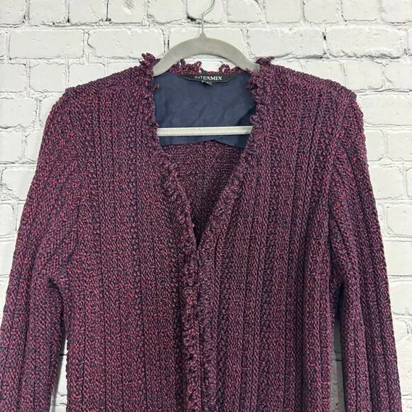 INTERMIX Ikaterina Two Tone Knit Cardi Sweater Jacket Red Fringe Trim Size 6