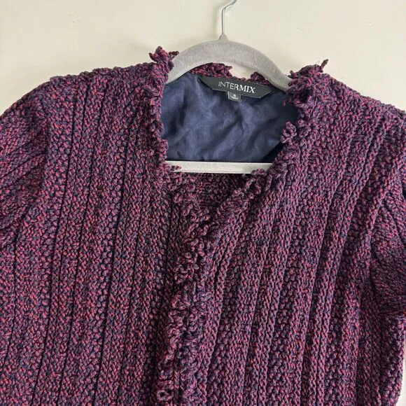 INTERMIX Ikaterina Two Tone Knit Cardi Sweater Jacket Red Fringe Trim Size 6