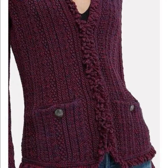 INTERMIX Ikaterina Two Tone Knit Cardi Sweater Jacket Red Fringe Trim Size 6