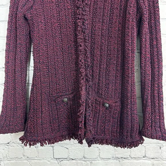 INTERMIX Ikaterina Two Tone Knit Cardi Sweater Jacket Red Fringe Trim Size 6