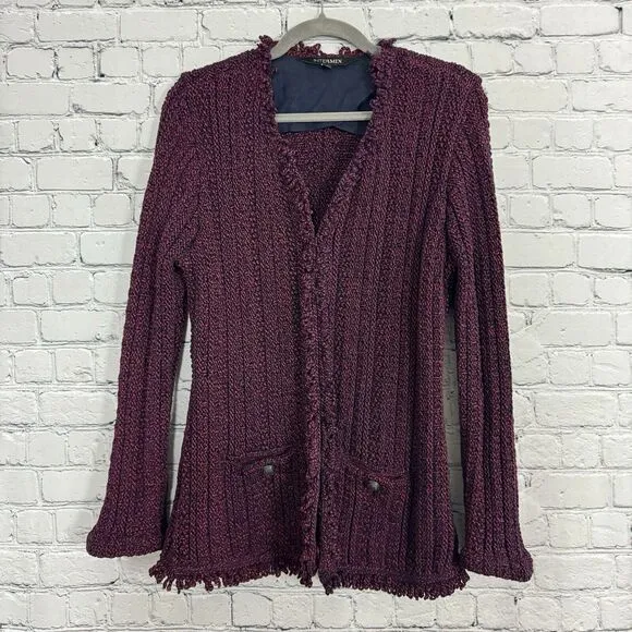 INTERMIX Ikaterina Two Tone Knit Cardi Sweater Jacket Red Fringe Trim Size 6