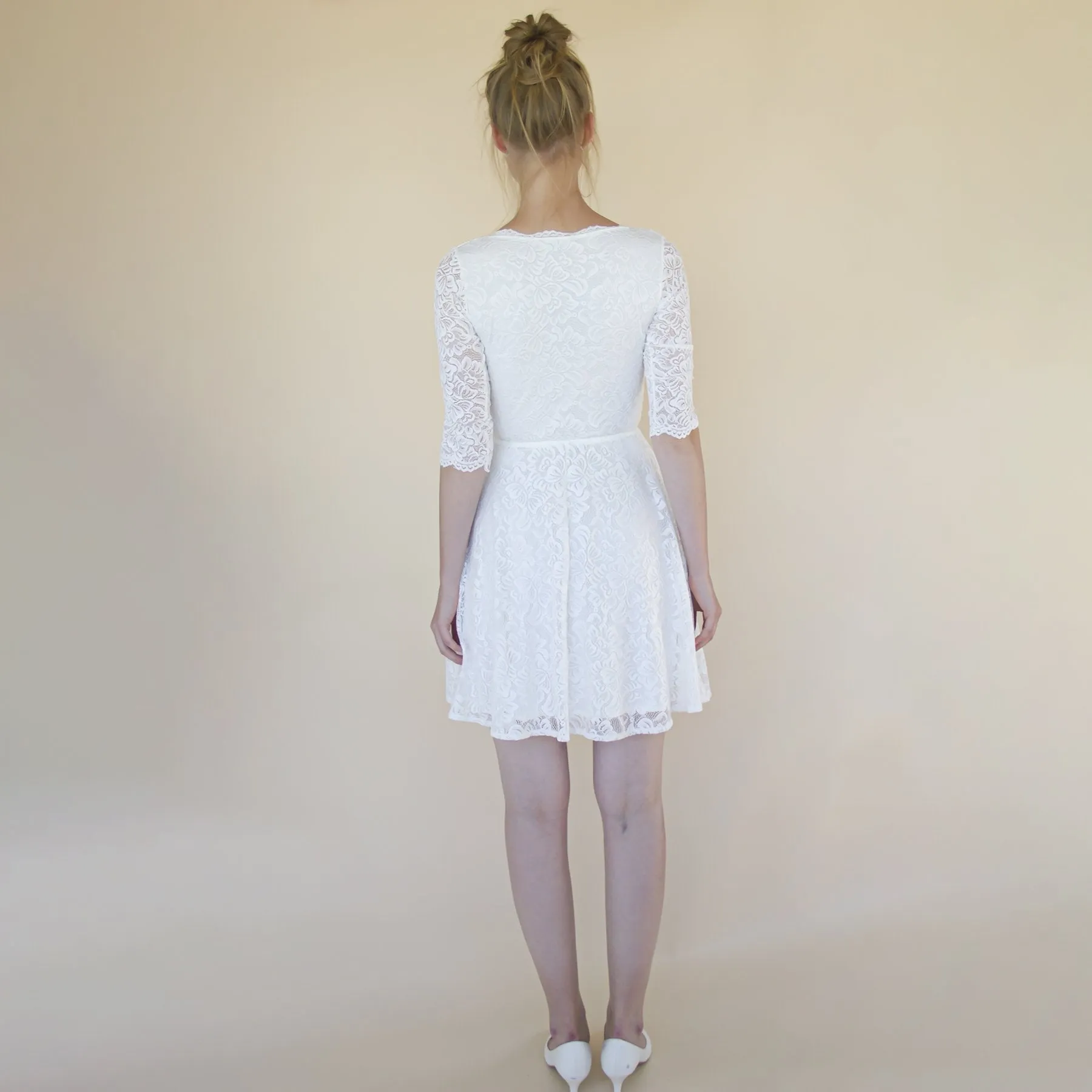Ivory Wrap lace mini wedding dress Bracelet Sleeves #1373
