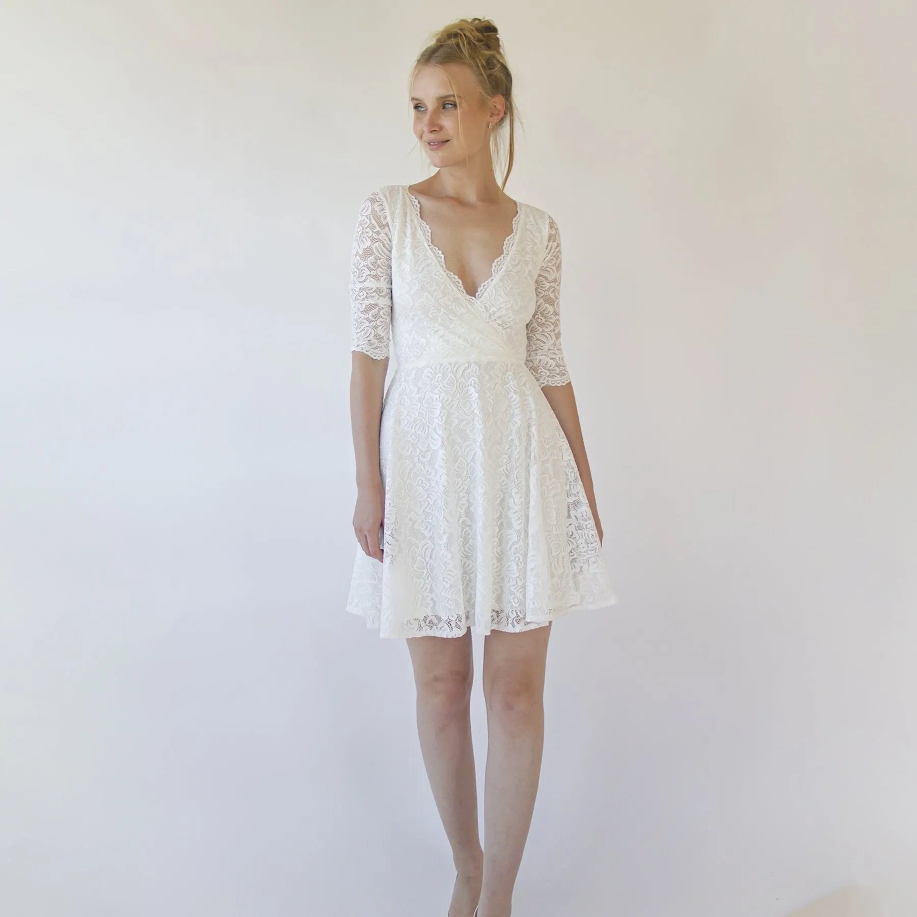Ivory Wrap lace mini wedding dress Bracelet Sleeves #1373