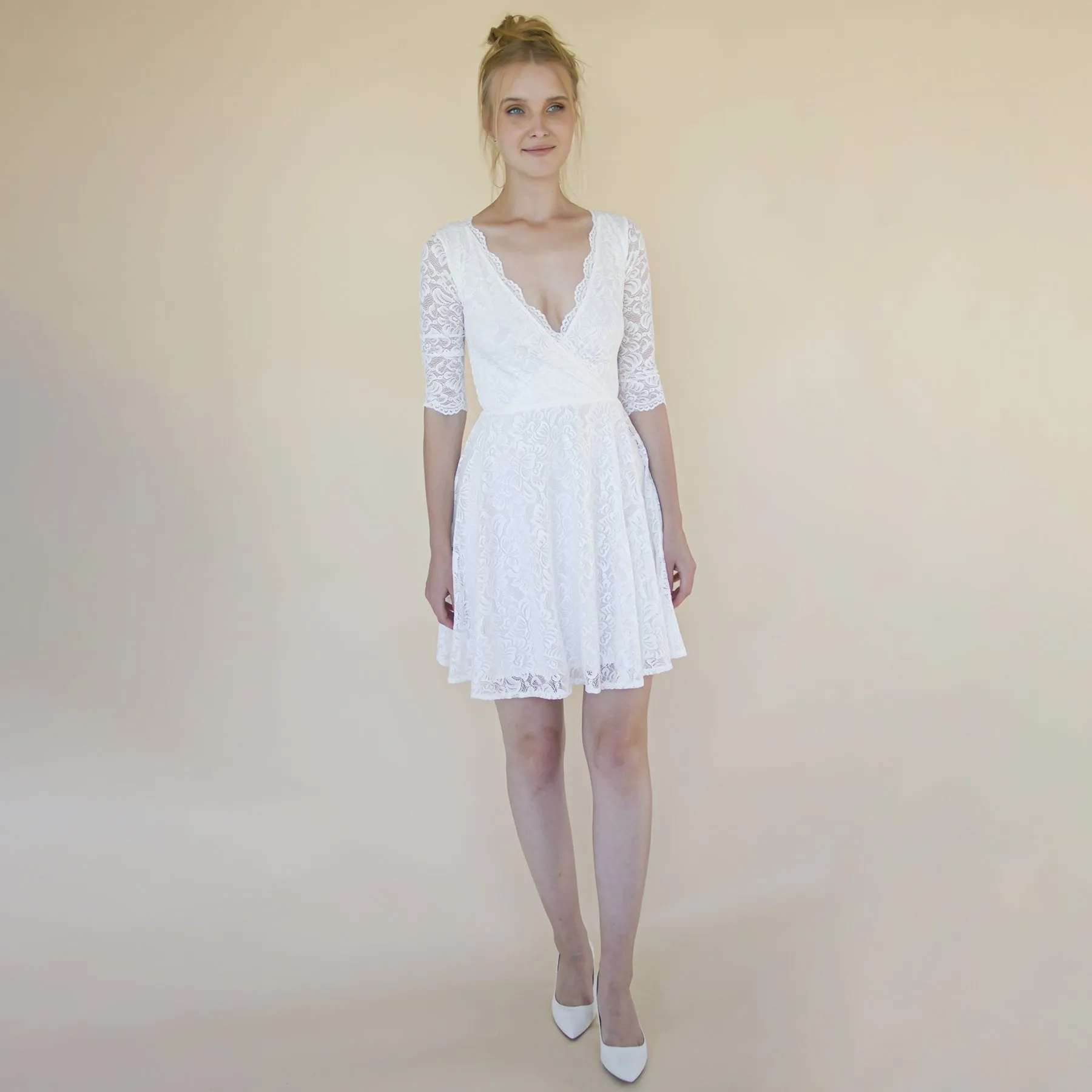 Ivory Wrap lace mini wedding dress Bracelet Sleeves #1373