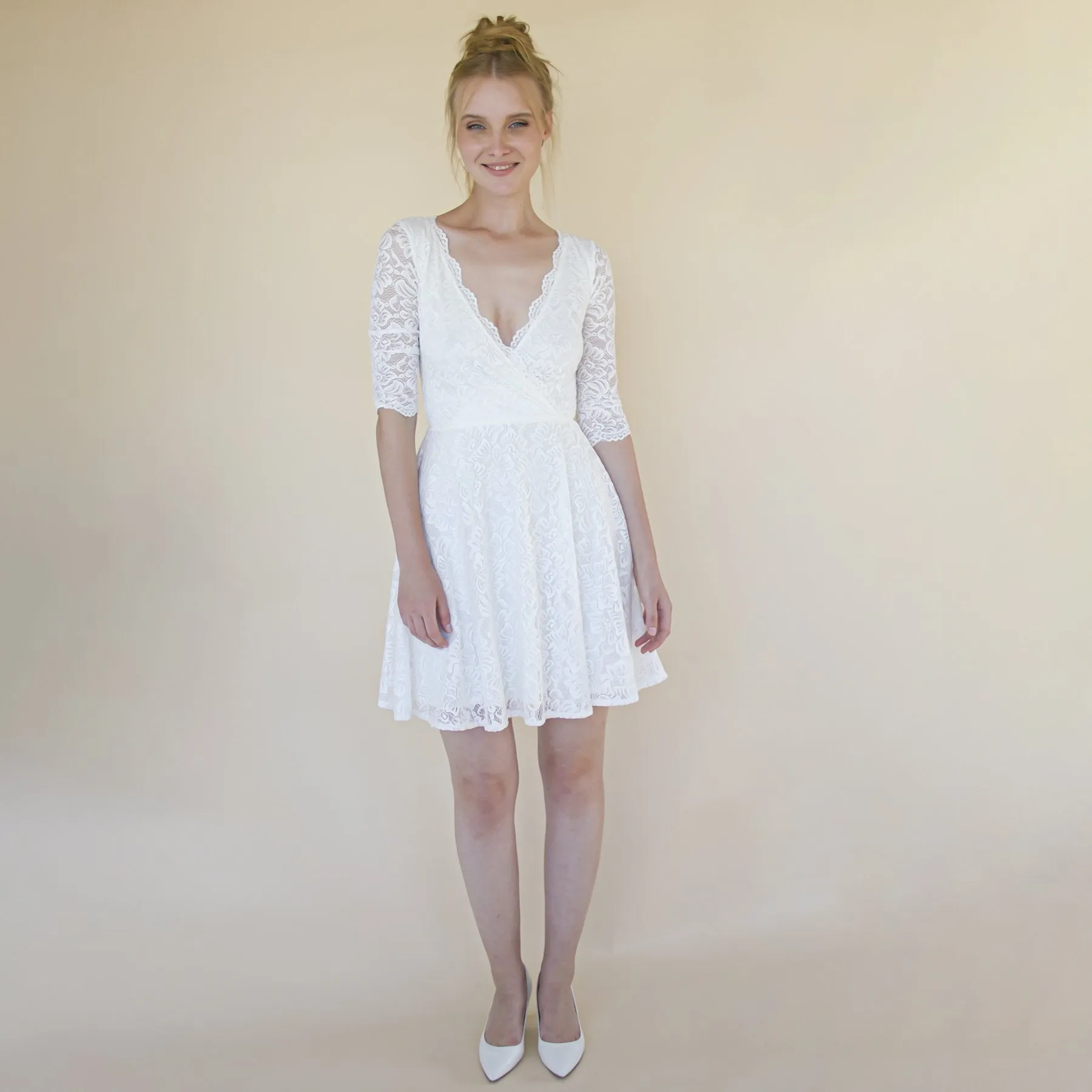 Ivory Wrap lace mini wedding dress Bracelet Sleeves #1373