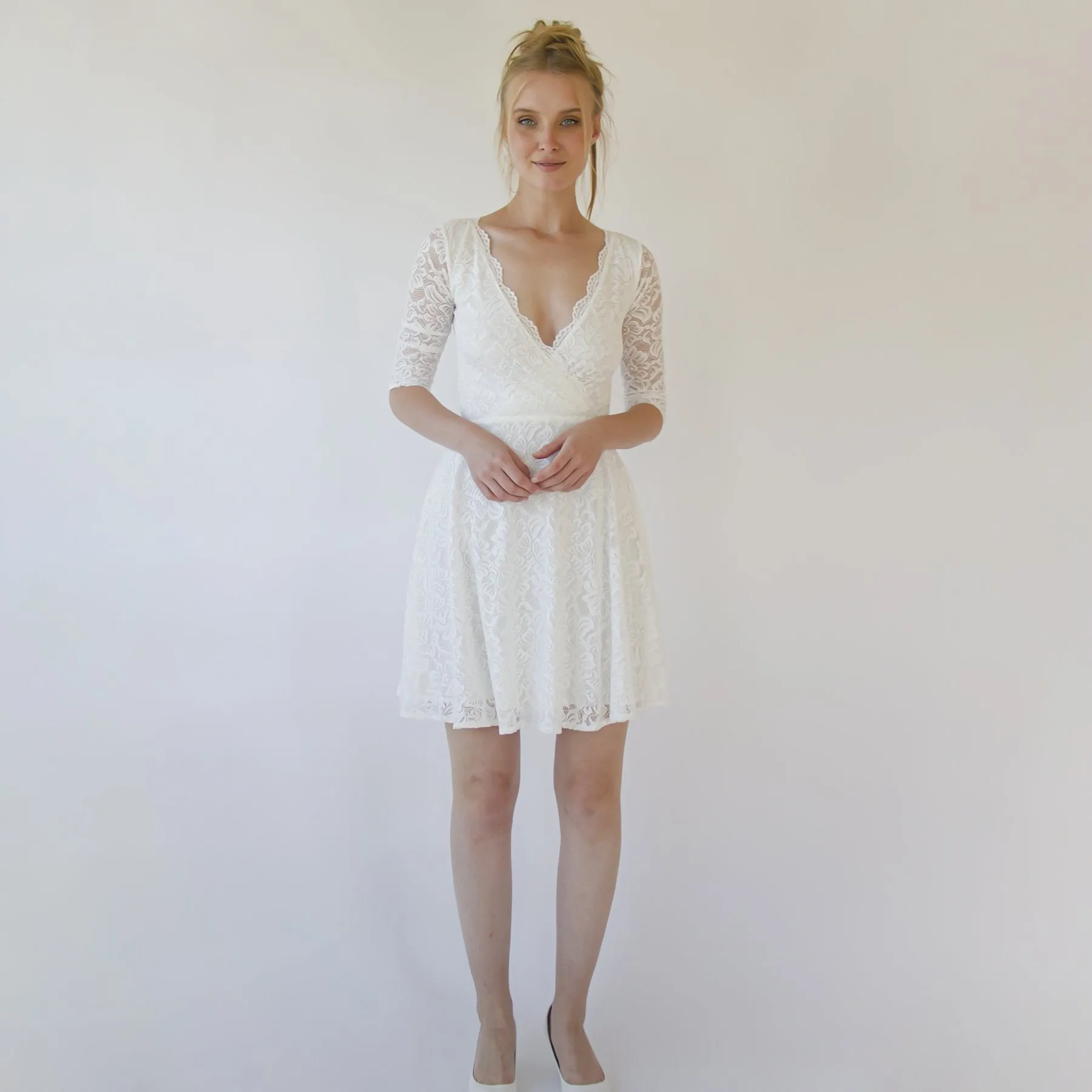 Ivory Wrap lace mini wedding dress Bracelet Sleeves #1373