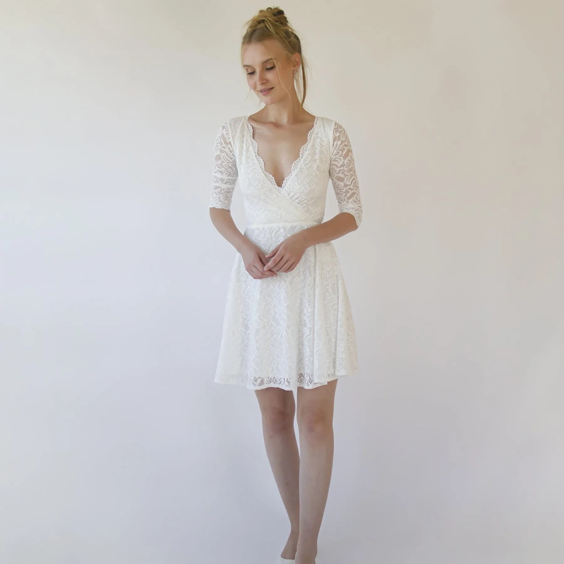 Ivory Wrap lace mini wedding dress Bracelet Sleeves #1373