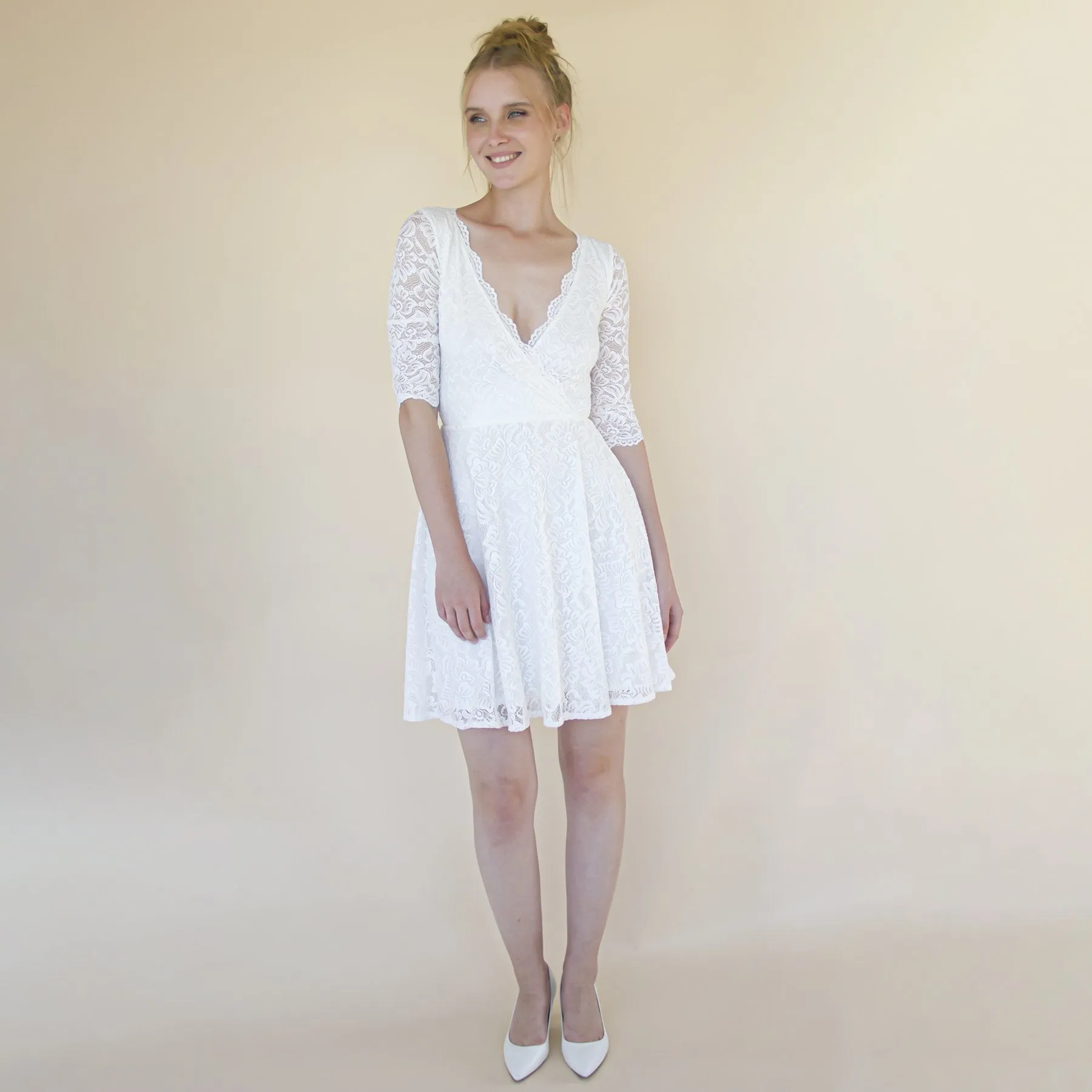 Ivory Wrap lace mini wedding dress Bracelet Sleeves #1373