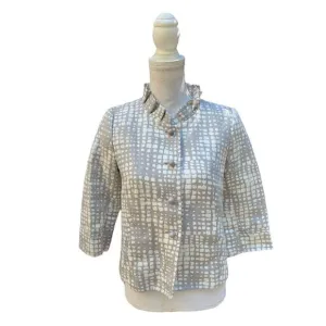 J. CREW GEO PRINT CROPPED COCKTAIL JACKET GRAY IVORY RUFFLED COLLAR BLAZER XS-S*