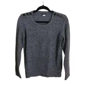 J. Crew Merino Wool Navy Marled Knit Button Detail Crewneck Sweater Size M