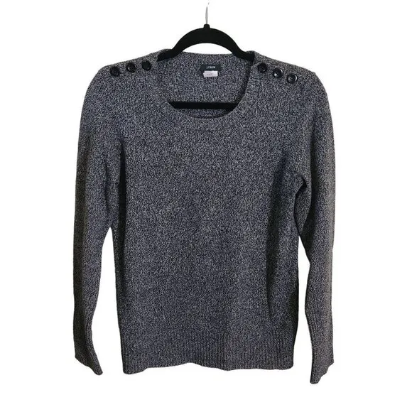 J. Crew Merino Wool Navy Marled Knit Button Detail Crewneck Sweater Size M