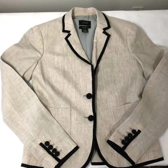 J Crew Schoolboy Blazer Womens 0 Tan Linen with Black Trim