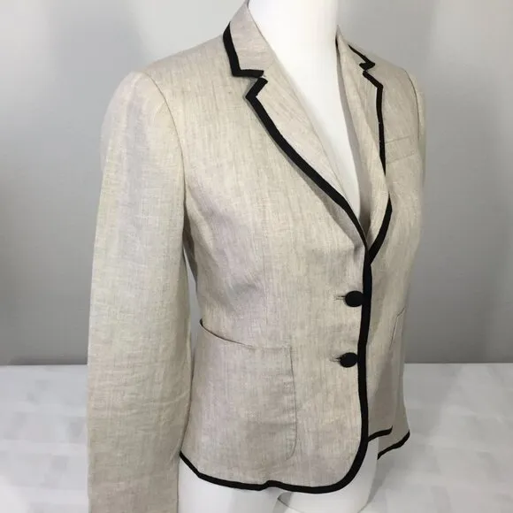 J Crew Schoolboy Blazer Womens 0 Tan Linen with Black Trim