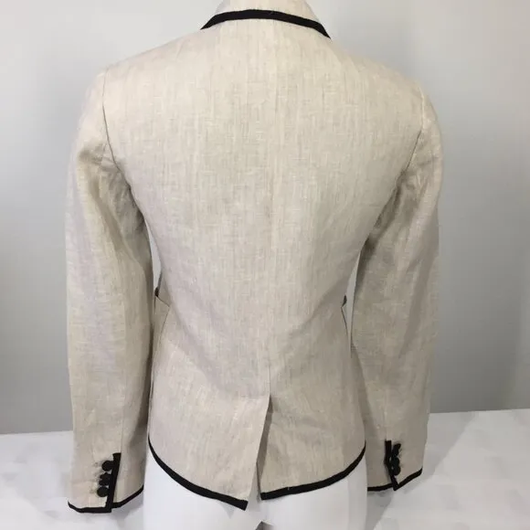 J Crew Schoolboy Blazer Womens 0 Tan Linen with Black Trim