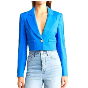 Jason Wu Cropped Braided Linen Blend  Blue Blazer